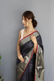 Soft Silk saree With Silver Zari woven broder and Rich Pallu - Navy