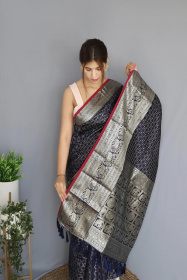 Soft Silk saree With Silver Zari woven broder and Rich Pallu - Navy