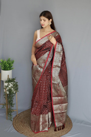 Soft Silk saree With Silver Zari woven broder and Rich Pallu - Brown
