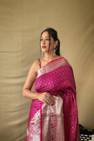 Soft Silk saree With Silver Zari woven broder and Rich Pallu -Pink