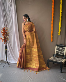 Zari Woven Tissue Silk Sarees with Chit Pallu - Brown