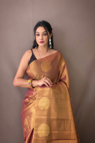Zari Woven Tissue Silk Sarees with Chit Pallu - Brown