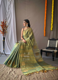 Zari Woven Tissue Silk Sarees with Chit Pallu - Light Green