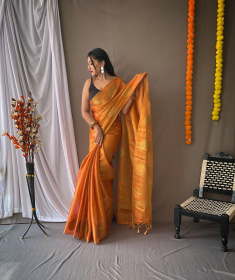 Zari Woven Tissue Silk Sarees with Chit Pallu -Orange
