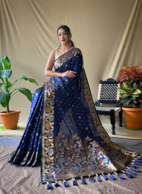 Soft Silk saree with Zari woven floral broder & pallu - Navy Blue