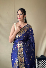 Soft Silk saree with Zari woven floral broder & pallu - Navy Blue