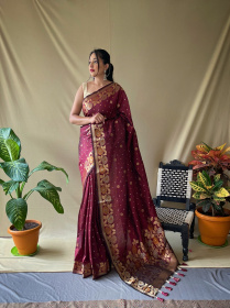 Soft Silk saree with Zari woven floral broder & pallu - Brown