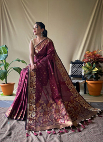 Soft Silk saree with Zari woven floral broder & pallu - Brown