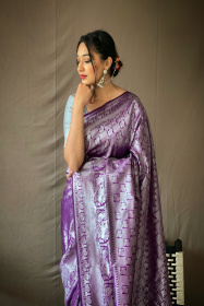 Silver zari Woven Pure Kanjeevaram Silk handloom saree - Purple