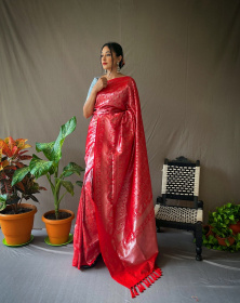 Silver zari Woven Pure Kanjeevaram Silk handloom saree - Red