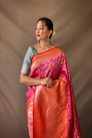 Silver zari and Meenakari Woven Kanjeevaram Silk saree - Pink