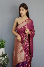 Banarasi silk saree with gold zari Woven border and Pallu - Purple