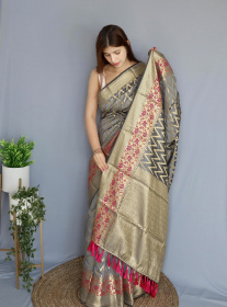 Banarasi silk saree with gold zari Woven border and Pallu - Grey
