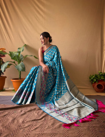 Banarasi silk saree with gold zari Woven border and Pallu - Sky Blue