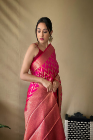 Banarasi silk saree with gold zari Woven border and Pallu - Pink