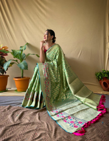 Banarasi silk saree with gold zari Woven border and Pallu -Light Green