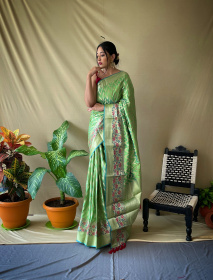 Banarasi silk saree with gold zari Woven border and Pallu -Light Green