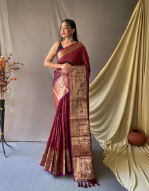 Soft Silk saree With Gold Zari woven broder and Rich Pallu - Brown