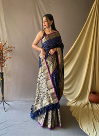 Soft Silk saree With Gold Zari woven broder and Rich Pallu - Navy Blue
