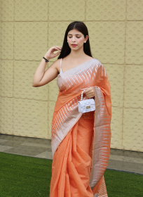 Pure Cotton Saree with Copper Zari woven motif and Pallu - Peach