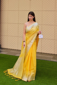 Pure Cotton Saree with Copper Zari woven motif and Pallu - Yellow