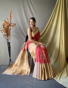 Gold zari woven Kora Organza Silk Saree with kalamkari print-Red