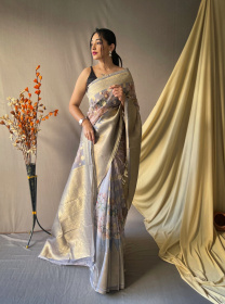 Gold zari woven Kora Organza Silk Saree with kalamkari print- Grey