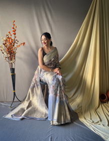 Gold zari woven Kora Organza Silk Saree with kalamkari print- Grey