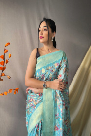 Gold zari woven Kora Organza Silk Saree with kalamkari print- Sky Blue
