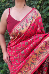 Paithani Soft Silk saree with meenakari zari woven border & Pallu-Pink