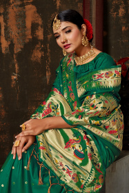 Paithani Soft Silk saree with meenakari zari woven border, Pallu-Green