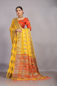 Gold zari meenkari woven Pure cotton saree with chit pallu - Yellow