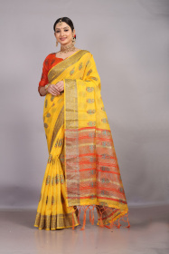 Gold zari meenkari woven Pure cotton saree with chit pallu - Yellow