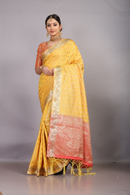 Gold Zari woven Tussar Silk saree with Contrast Rich Pallu - Yellow