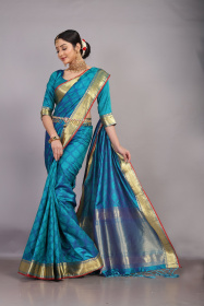 Tansui Silk saree with Gold zari woven border and rich Pallu - Blue