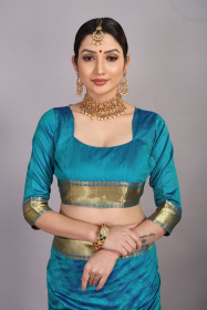 Tansui Silk saree with Gold zari woven border and rich Pallu - Blue