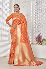  Banarasi silk saree with Gold zari Woven border & Rich Pallu -Orange