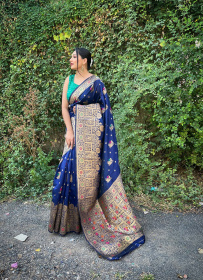  Banarasi silk saree with zari Woven minakari  border Pallu -Navy Blue