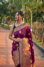  Banarasi silk saree with zari Woven minakari  border Pallu - Purple