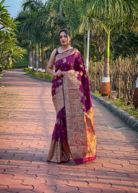  Banarasi silk saree with zari Woven minakari  border Pallu - Purple