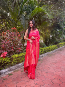  Banarasi silk saree with Gold zari Woven border & Rich Pallu -Pink