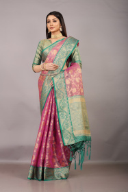 Banarasi Organza saree with Zari woven Contrast broder and pallu -Pink