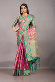 Banarasi Organza saree with Zari woven Contrast broder and pallu -Pink