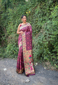 Paithani Soft Silk saree with minakari zari woven border Pallu- Purple