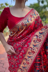 Paithani Soft Silk saree with minakari zari woven border Pallu- Red