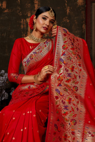 Paithani Soft Silk saree with meenakari zari woven border Pallu- Red