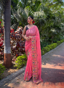 Pure Georgette saree with sequence embroidery work - Pink