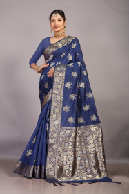 Soft Litchi Silk saree with zari woven border & Rich pallu - Navy Blue