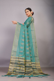 Gold zari meenkari woven Pure cotton saree with chit pallu -Rama green