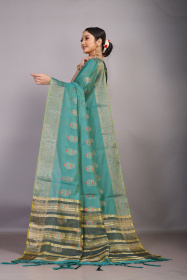 Gold zari meenkari woven Pure cotton saree with chit pallu -Rama green